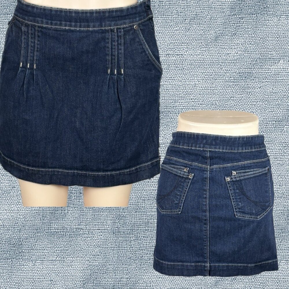 Elle 8 Denim Blue Side Zip 6 Pockets Triple Set Darted Front Cotton Mini Skirt